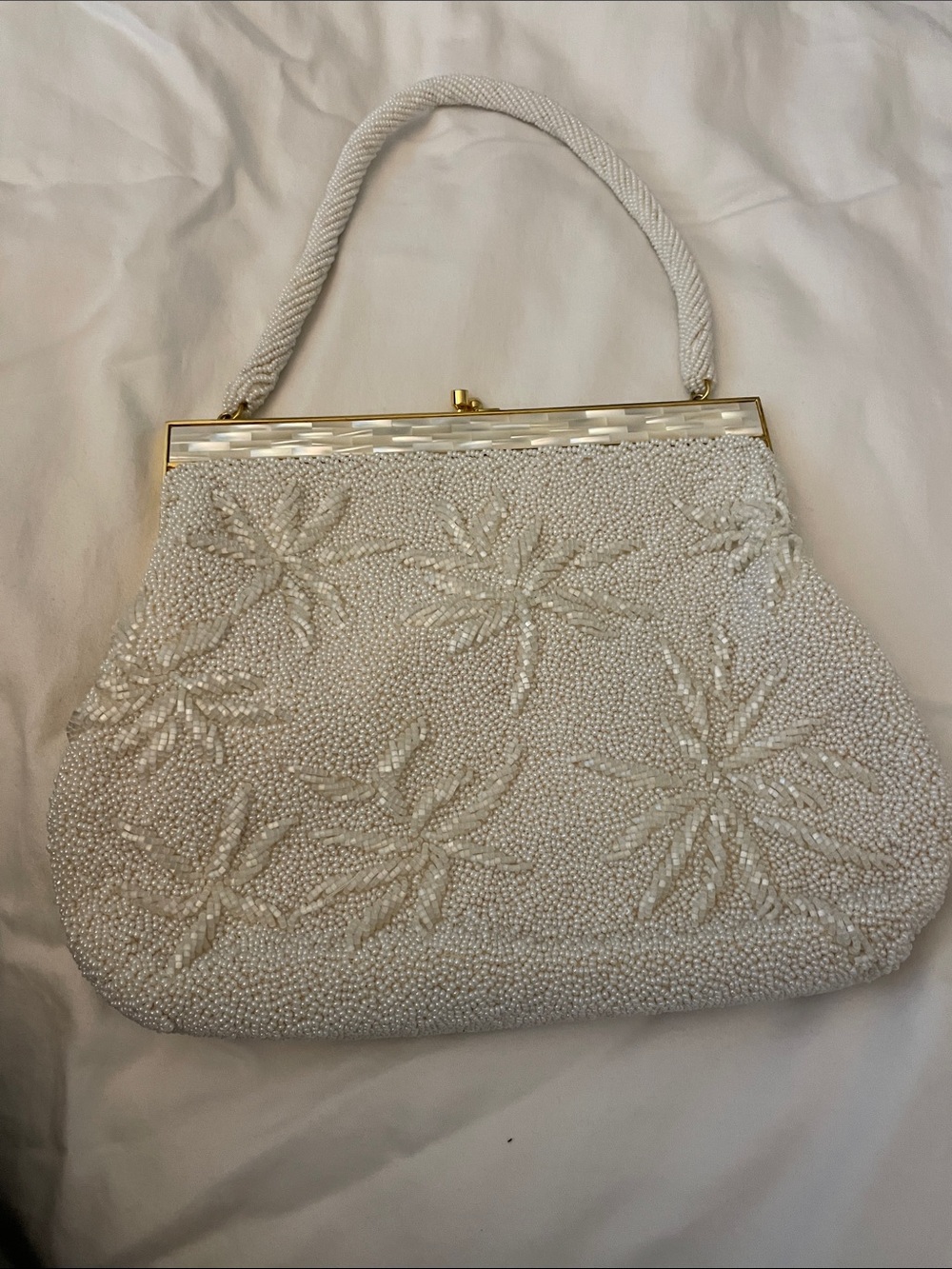 Hand Crafted White Beaded Floral Clutch with Gold Frame